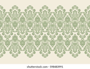Seamless beige background with green pattern in baroque style. Vector retro illustration. Ideal for printing on fabric or paper.