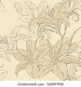 Seamless beige background with lilies
