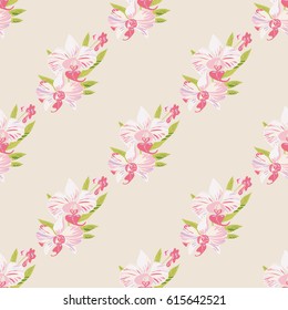 Seamless beige background with orchids. Beautiful floral pattern for print on textile, fabric, Wallpaper, wrapping, scrapbooking, decoupage. Vector illustration with exotic flowers. Tropical ornament