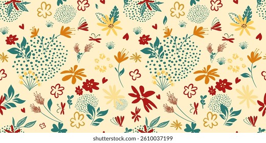 Seamless beige background of simple beautiful flowers. hand drawing. Not AI, Vector illustration.