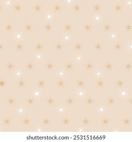 Seamless beige background with starburst patterns in white and gold tones. Perfect for wallpapers, fabric designs, gift wraps, and elegant decor elements.
