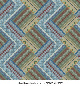 Patrón vectorial vintage de parche azul y beige sin foco.
