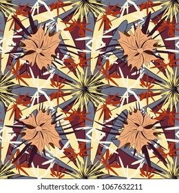 Seamless beige, brown and yellow background with abstract flowers and elements. Vector retro illustration. Ideal for printing on fabric or paper.