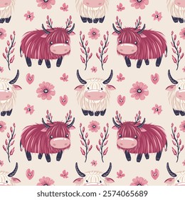 Seamless beige bulls, burgundy cows pattern, pastel, pink flowers, branches, universal elegant modern rustic soft gentle decorative charming countryside repeat, stylish minimal cozy natural textile