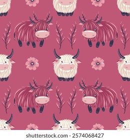 Seamless beige bulls, cherry red cows, floral pink background, universal vector pattern, vibrant colorful, elegant decorative cheerful bright rustic countryside charming stylish modern, cozy unique