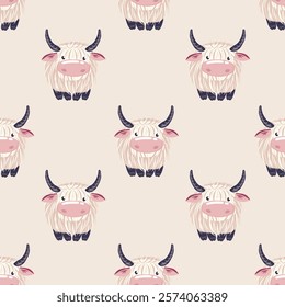 Seamless beige cattle pattern light bulls, cows, beige background, pastel soft simple universal decorative modern gentle rustic charming minimal timeless cozy textile repeat, stylish elegant cheerful