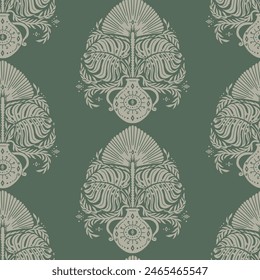 Seamless beige Damask pattern on a green background. Floral abstract repeat monochrome background.