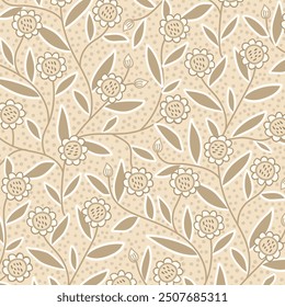 Seamless beige floral pattern featuring hand-drawn daisies and leaves with a folk art influence. Retro rint for textiles, wallpapers, and nature-inspired designs
