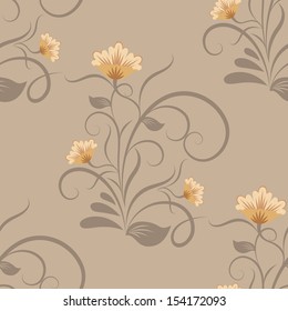 Seamless beige floral vector wallpaper pattern.
