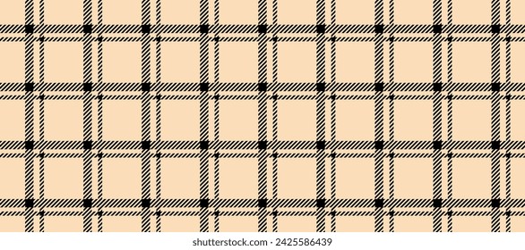 Seamless beige gingham pattern. Checkered plaid repeating background. Windowpane tartan texture print for textile, fabric. Repeated neutral brown and black check wallpaper. Vector tattersall backdrop