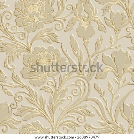 Seamless beige and gold floral pattern with embossed 3D effect. Elegant baroque style textured background with relief ornate emboss peonies, irises. Perfect for luxury design. Endless surface texture.
