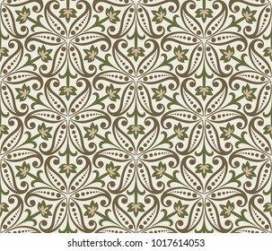 Seamless beige and green floral wallpaper vector background. retro pattern.