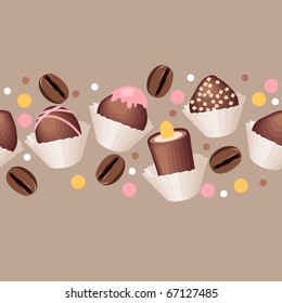 Seamless beige horizontal pattern with chocolate sweets