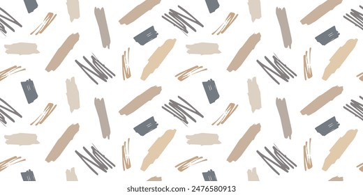Seamless beige horizontal pattern with marker strokes. Abstract decorative pattern with brushstrokes. Pattern on changeable white background.