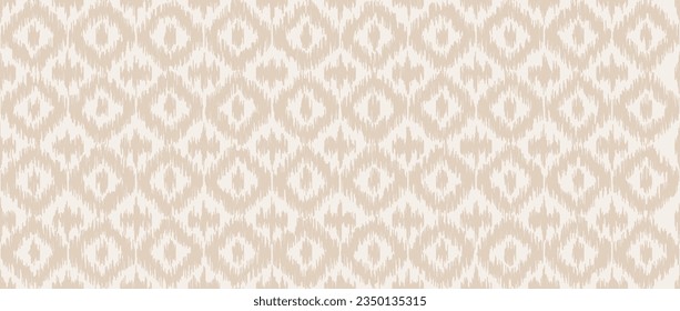 Seamless beige ikat pattern. Ethnic diamond monochrome repeating background. Ornamental tribal fabric and textile swatch print design. Vector light asian folk abstract wallpaper