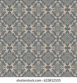 Seamless beige ornament on gray background. Wallpaper pattern