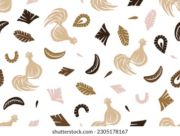Seamless beige pattern with abstract shapes, cut out scissors and cockerels. Poster, wallpaper, fabric, packaging and corporate identity in modern collage style.