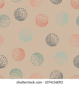Seamless beige pattern with color circles and dots. Abstract geometric print. Vector illustration.