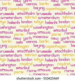 Seamless beige pattern with the names of some capital cities written in deep pink and orange - Eps10 vector graphics and illustration