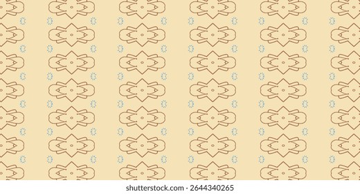 Seamless beige pattern with symmetrical floral shapes and blue dotted accents, perfect for textiles, backgrounds, or retro art. Pattern, seamless, vintage, floral, decorative.