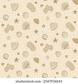 Patrón beige sin fisuras con caprichosas conchas marinas, estrellas de mar y Formas abstractas. Fondo interminable del vivero. Playa repita la cubierta. Diseño plano de Vector de patrón de superficie cálida y tranquila.