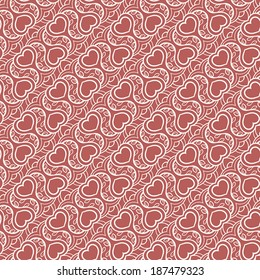 seamless beige retro pattern with hearts and leaves on a brown background. vector illustration 