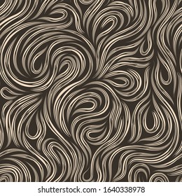 Seamless beige vector texture for decoration of fabrics or paper out of cut lines spinning in the form of loops and spirals on a dark background.