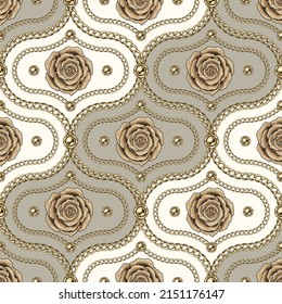 Seamless beige vintage damask pattern with gold chains, beads, roses. Diagonal composition. Fashion illustration. Classic background. Vector