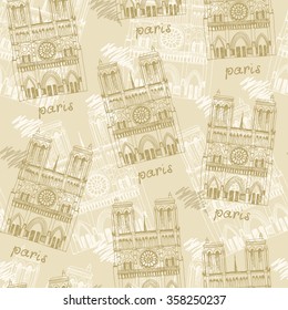 Seamless beige vintage pattern with hand drawn Notre Dame de Paris Cathedral, France. Travel background in retro style, sketchbook illustration