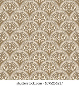 Seamless beige and white floral arcs wallpaper. Vector background. Vintage damask pattern backdrop.