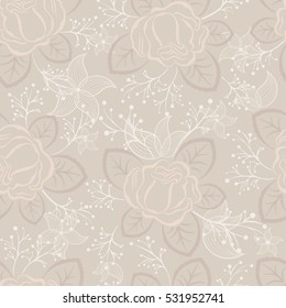 Seamless beige and white rose vector pattern. Wrapping paper flower  texture.