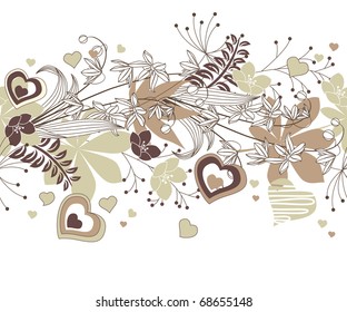 Seamless beigeborder with forest flowers, hearts and plants