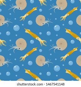 Seamless belemnite pattern in skandinavian style, background wallpaper with trilobites, for kids, cards, textile