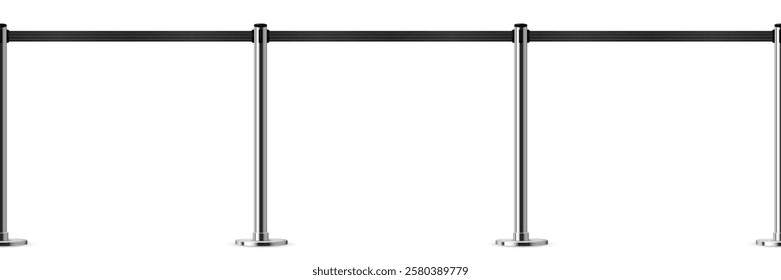 Seamless belt barrier with stanchions and red ropes. Security control metal pole post. Airport entry rail, zone chrome divider, vip barricade. Realistic vector illustration.