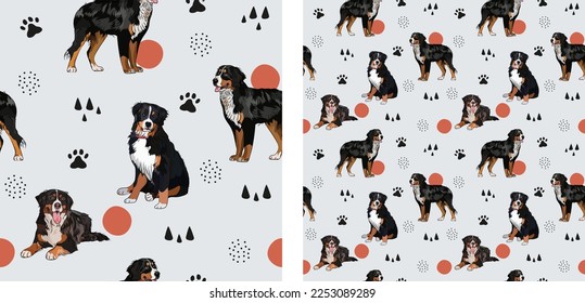 Nahtlose Berner Hundsmuster, Urlaubstextur. Quadratisches Format, Berner Sennenhund Verpackung, Textilien, Socken, Textilien, Stoff, Dekoration, Wickelpapier. Trendy handgezeichnet Hunde Tapete.