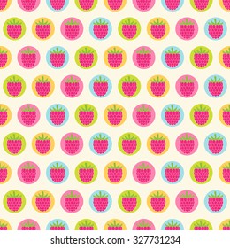 Seamless berries pattern with raspberry in colorful circles. Vector illustration. For cards, invitations, wedding or baby shower albums, backgrounds, wallpapers, arts and scrapbooks.