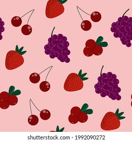 Seamless berries pattern with strawberry, cherry, grape and lingonberry