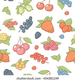 Seamless berries pattern. Vector background with hand made fruits