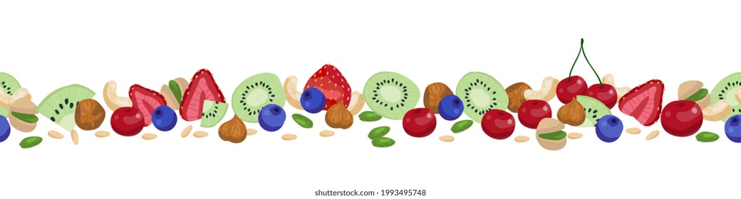 Seamless berry border. Vector horizontal border with berries and nuts pattern isolated on white.