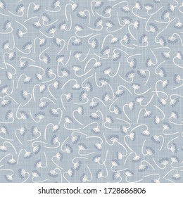 
Seamless berry floral pattern in french blue linen shabby chic style. Hand drawn country bloom texture. Rustic woven background. Kitchen tea towel home decor swatch. Simple flower motif allover print