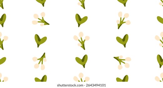 Seamless Berry and Leaf Pattern. Seamless pattern with pale berries on green branches and heart-shaped leaves. Flat cartoon botanical style with natural colors, isolated on white.