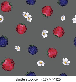 
Seamless berry pattern for clothes, textiles. With floral pattern inserts and raspberries. Fashionable ornament. Modern style.