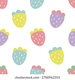 Seamless berry pattern with different-colored strawberries. Cute doodle-style pattern for kids