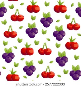 A seamless berry pattern featuring juicy cherries, plump blueberries, and vibrant cranberries on a clean white background. Perfect for designs that radiate freshness, sweetness, and a touch of nature.