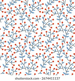 Patrón de baya sin fisuras con frutas rojas y hojas azules sobre fondo blanco. Pequeño diseño botánico. Diseño ligero y fresco para la tela, los textiles, el abrigo del regalo, la papelería y los proyectos de la decoración estacional