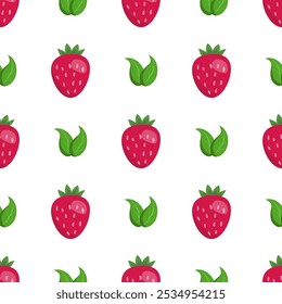 Seamless berry pattern with strawberries and green leaves on a white background
