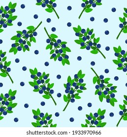 Seamless berry pattern. Summer vector pattern with blueberry sprigs and individual berries on a blue background. For the design of fabrics, packaging and wallpapers.