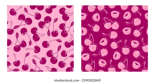 Seamless berry patterns set with sweet cherries on pink, juicy raspberries on maroon background. Summer fruit silhouette repeat prints decorated with leaves for fabric, textile or packaging designs.