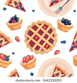 Vetor de padrão de torta de baga sem costura no fundo branco - doces tartes de geleia com framboesa, mirtilo, amora e morango. Ideal para tecido, embalagem, design infantil, férias e decoração de padaria