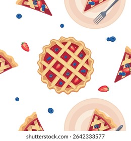 Vetor de padrão de torta de baga sem costura no fundo branco - doces tartes de geleia com framboesa, mirtilo, amora e morango. Ideal para tecido, embalagem, design infantil, férias e decoração de padaria